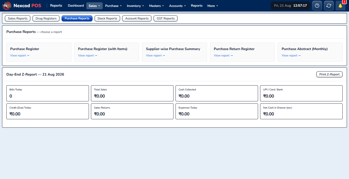 Purchase Reports, Nexcod POS