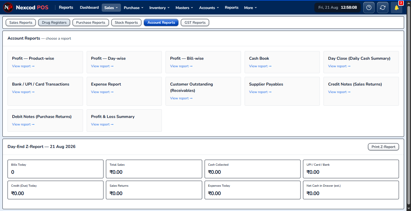 Account Reports, Nexcod POS